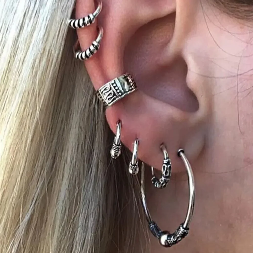 Silver Bali Multi Hoops Ear Cuffs Eartings Set of 7 Jewelry NEW